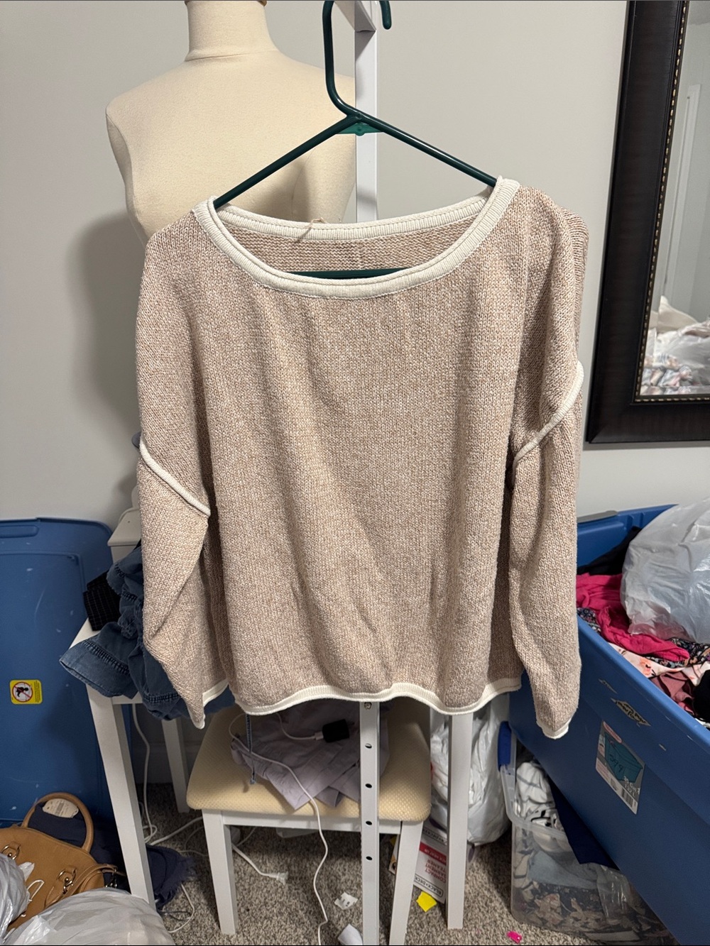 Cupshe Cream-Beige Crewneck Sweater with White Trim
